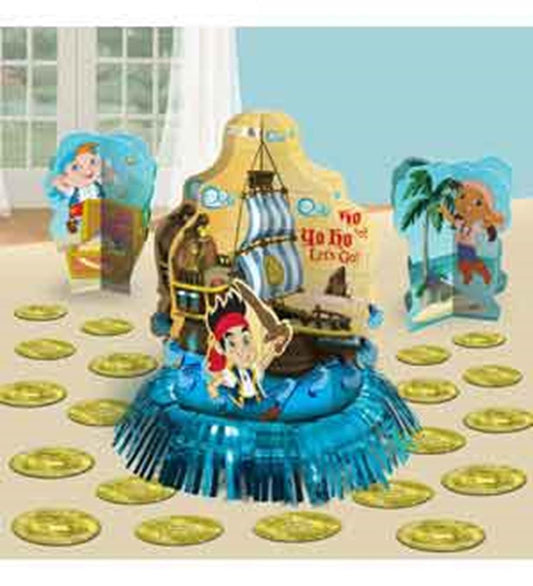 Blue foil centerpiece with pirate ship and cartoon boy, surrounded by cardboard cutouts and gold coin decorations.