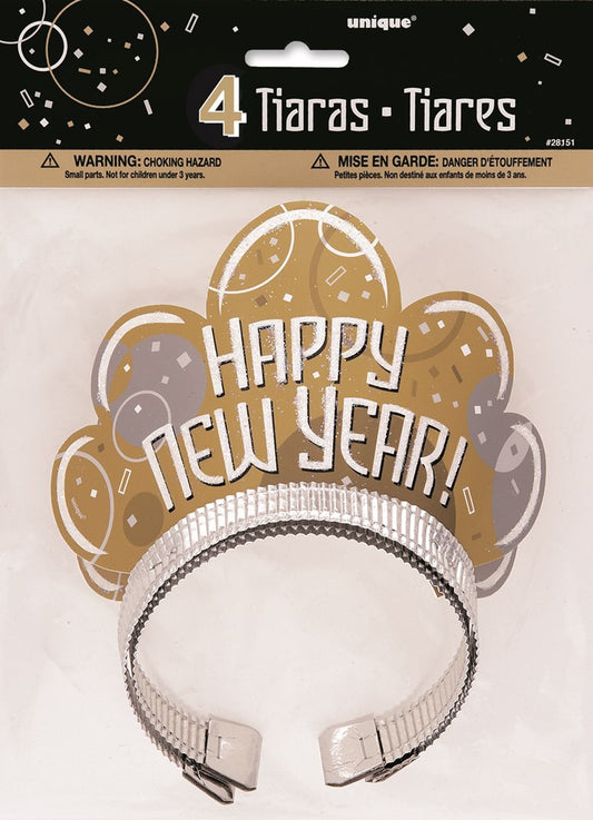 Silver glitter tiara featuring "Happy New Year!" text with stars and bubbly design accents.