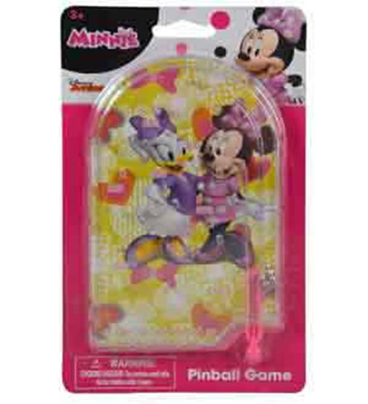 Compact handheld Minnie Mouse pinball game with clear plastic dome, colorful ball, and pink launching plunger.
