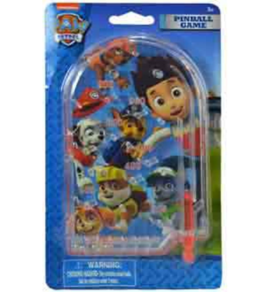 Paw Patrol-themed handheld pinball game with colorful character illustrations and a blue plastic frame.