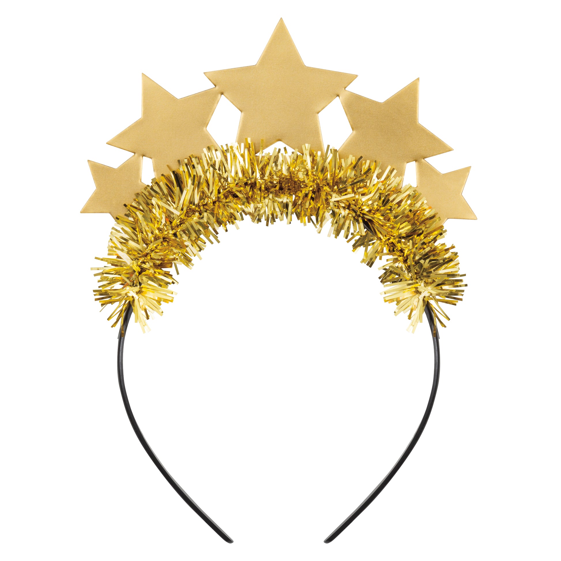Black plastic headband with gold tinsel and five metallic gold star shapes evenly spaced on top.