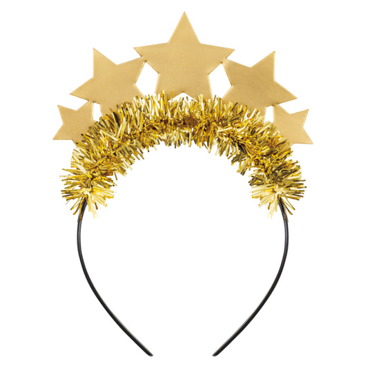 Black plastic headband with gold tinsel and five metallic gold star shapes evenly spaced on top.