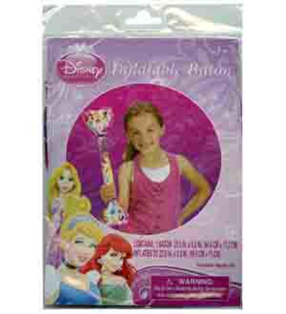 Pink inflatable baton decorated with Disney princess images, packaged in clear plastic with purple background and cartoon.