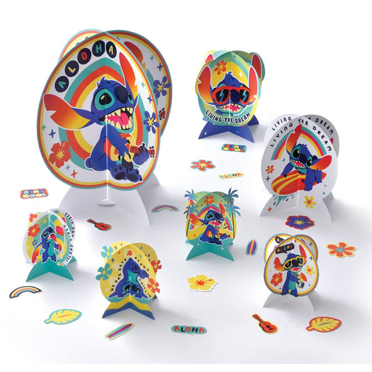 Colorful Stitch-themed paper table centerpieces and decorations featuring playful poses and Hawaiian motifs.