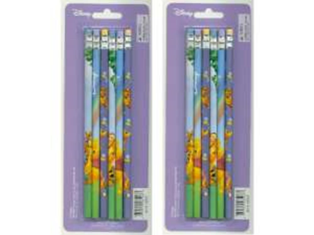 Set of six wooden pencils featuring Winnie the Pooh and friends on blue background with green erasers.