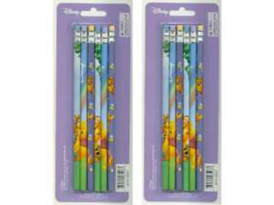 Set of six wooden pencils featuring Winnie the Pooh and friends on blue background with green erasers.
