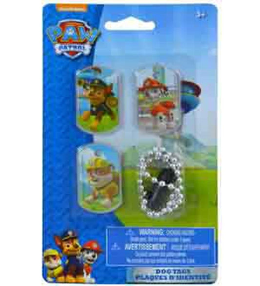 Three Paw Patrol dog tags with characters on green and yellow backgrounds, plus a silver ball chain necklace.