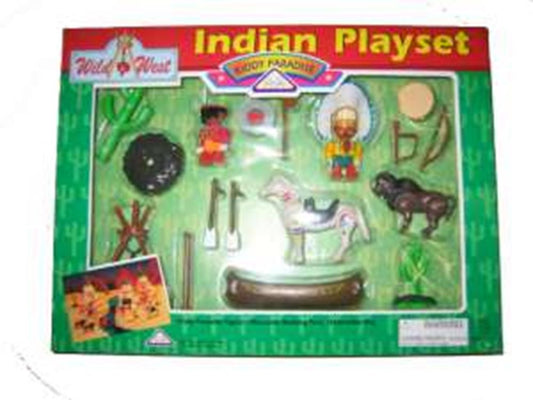 Wooden Indian play set with painted figurines, animals, canoe, bows, and arrows in green box.