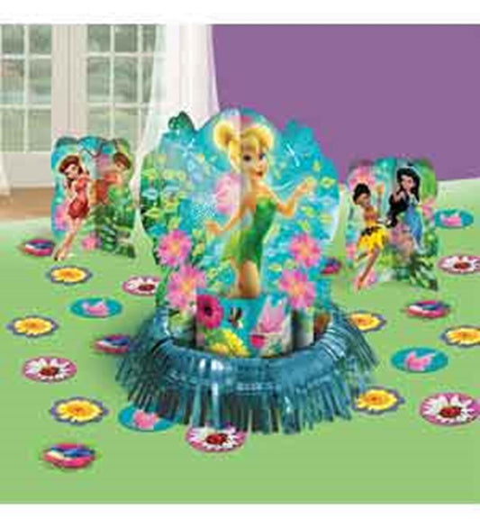 Colorful Tinkerbell-themed table centerpiece with character cutouts and shiny blue fringe base, surrounded by circular.