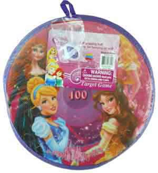 Round velcro dartboard with pink and purple background featuring Disney princesses Cinderella, Belle, and Ariel, 11-inch.