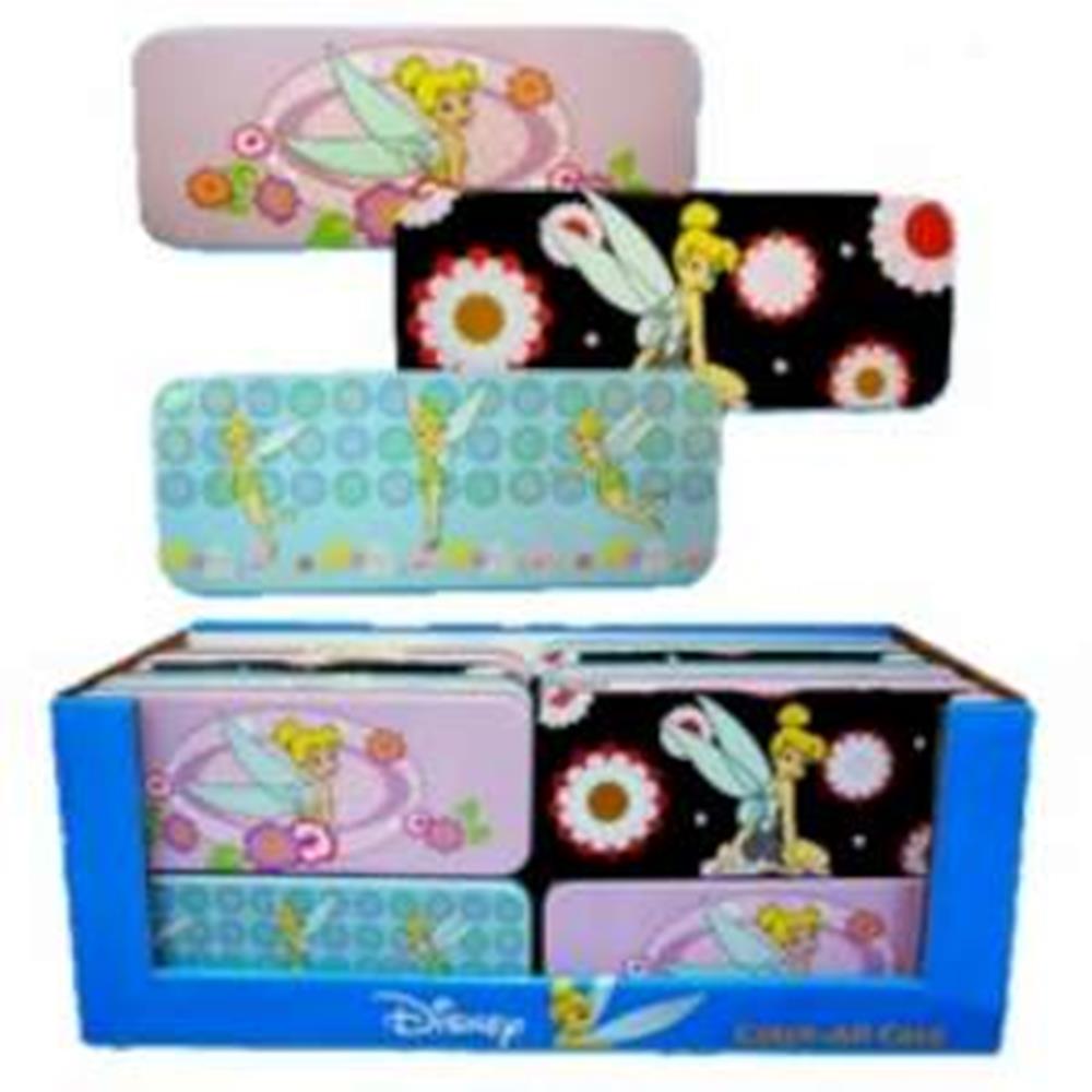 Metal pencil cases featuring colorful Tinkerbell designs with floral and circle patterns in pastel pink, black, and light.