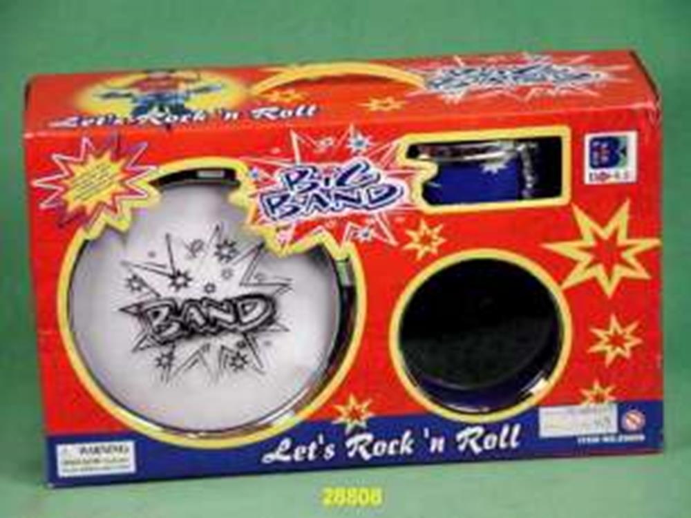 Three-piece drum set with white and black drumheads in bright red packaging decorated with stars and "Let's Rock 'n Roll".