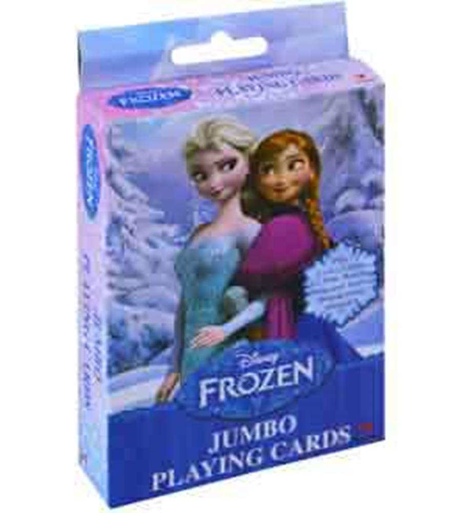 Disney Frozen jumbo playing cards box featuring Elsa and Anna with a snowy background.