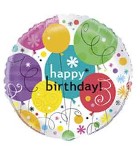 Round foil balloon with colorful balloons and confetti design, "happy birthday!" text in blue and black.
