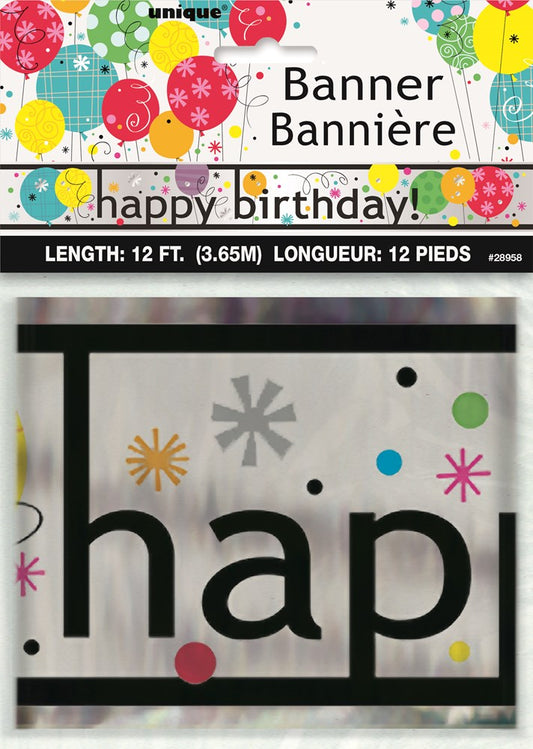 Silver foil "happy birthday" banner with black letters and multicolored confetti dots and stars, 12 feet long.