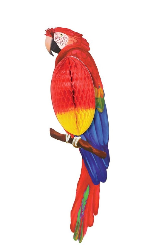 Colorful paper honeycomb parrot decoration with red, yellow, blue, and green feathers perched on a branch.