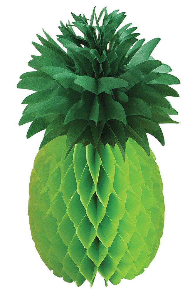 Set of four bright green paper honeycomb pineapples with layered leafy tops for tropical decor.