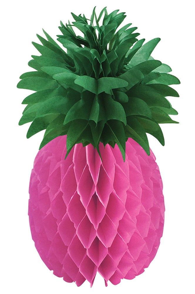 Pink honeycomb paper pineapple centerpiece with layered green paper leaves on top.