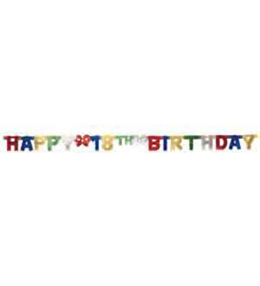 Colorful honeycomb paper decoration spelling "Happy 2018th Birthday" with a tail hanging from the end.