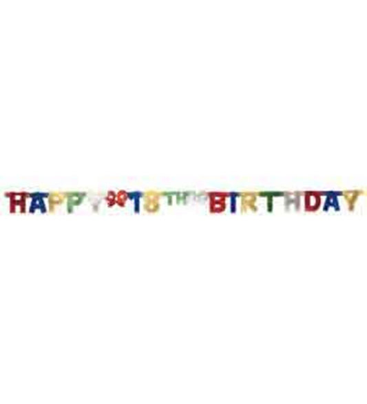 Colorful honeycomb paper decoration spelling "Happy 2018th Birthday" with a tail hanging from the end.