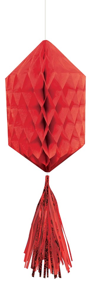 Apple red tissue tassel ball with geometric honeycomb design and matching tassel hanging.