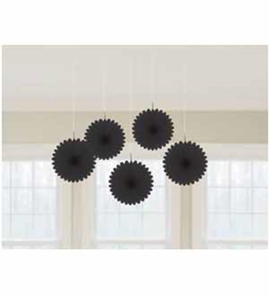 Set of five black mini hanging fans with scalloped edges suspended by thin white strings against a white ceiling background.