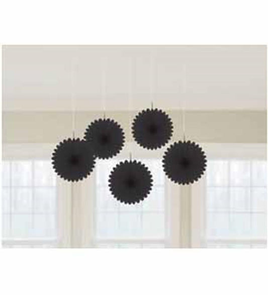 Set of five black mini hanging fans with scalloped edges suspended by thin white strings against a white ceiling background.