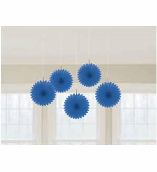 Five royal blue paper fan decorations hanging from ceiling with white strings in a staggered arrangement.