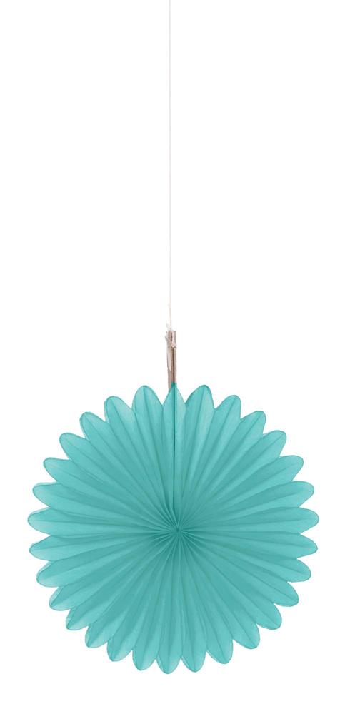 Robins egg blue paper fan decoration with scalloped edges hanging by white string.