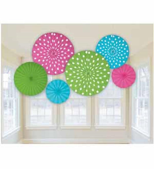 Set of six hanging paper fans in pink, blue, and green with white polka dots and solid patterns.