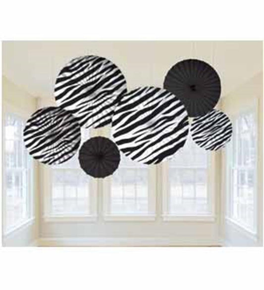 Set of six hanging paper fans with black and white zebra stripes and solid black designs in varying sizes.