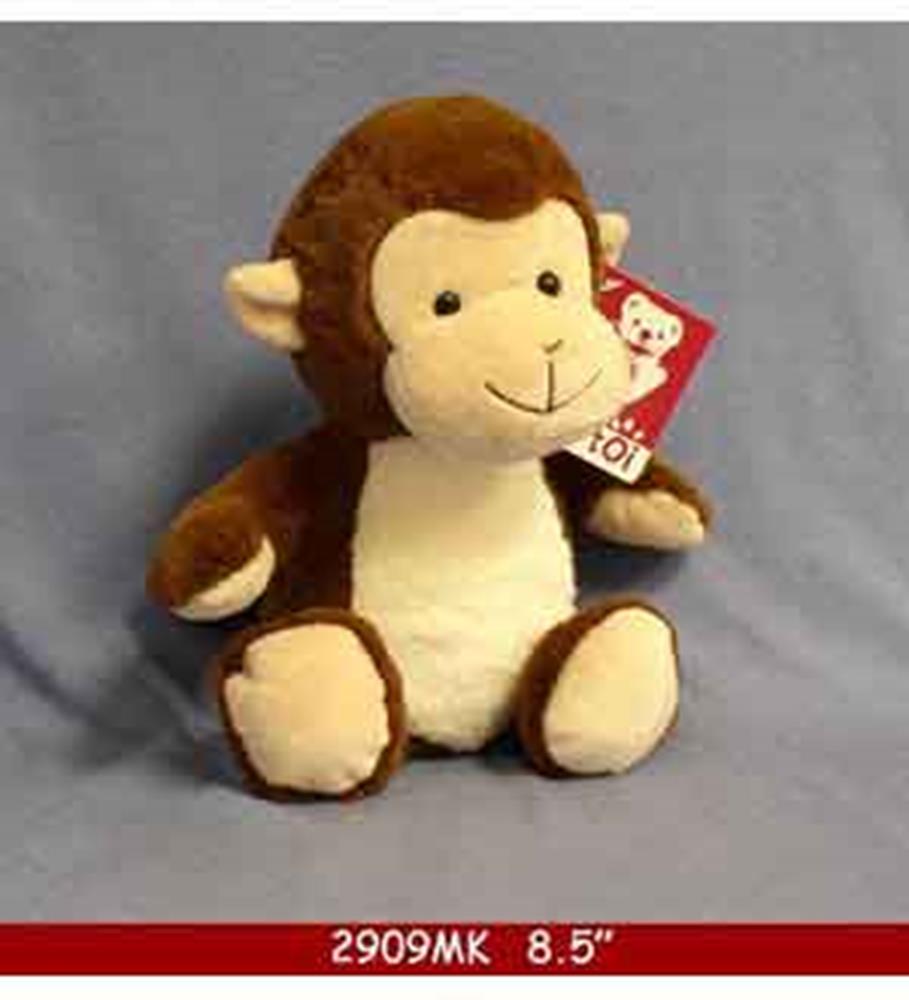 Brown and cream plush monkey with smiling face and soft fabric, sitting upright.