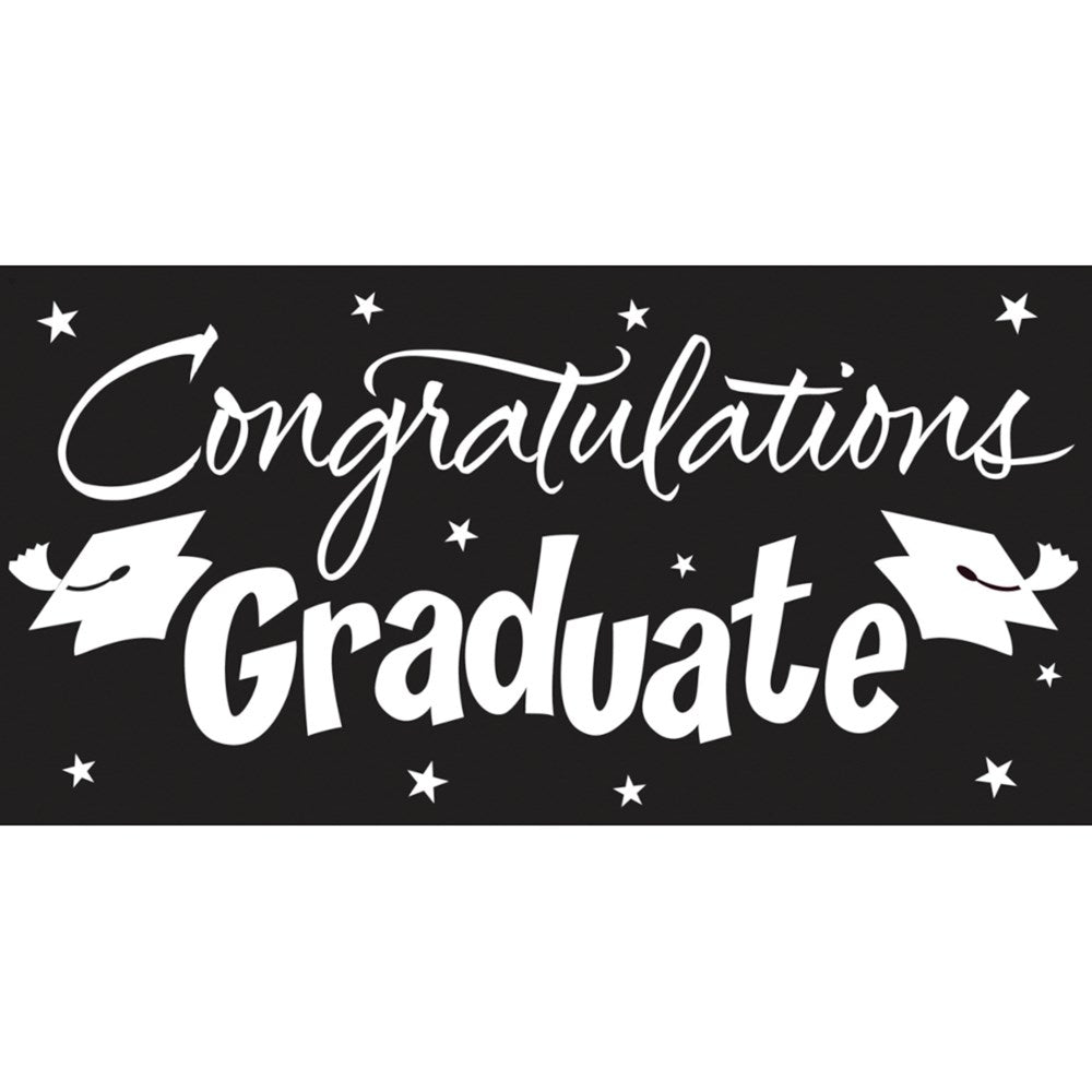 Black rectangular banner with white "Congratulations Graduate" text, decorated with stars and graduation caps.