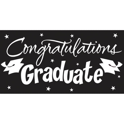 Black rectangular banner with white "Congratulations Graduate" text, decorated with stars and graduation caps.
