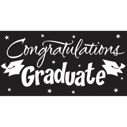 Black rectangular banner with white "Congratulations Graduate" text, decorated with stars and graduation caps.