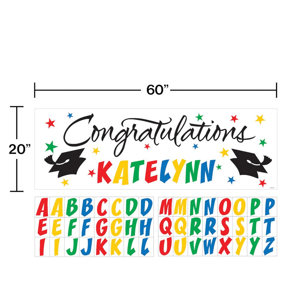 Colorful giant graduation banner with "Congratulations" in black script, multicolor letters for personalized name, decorated