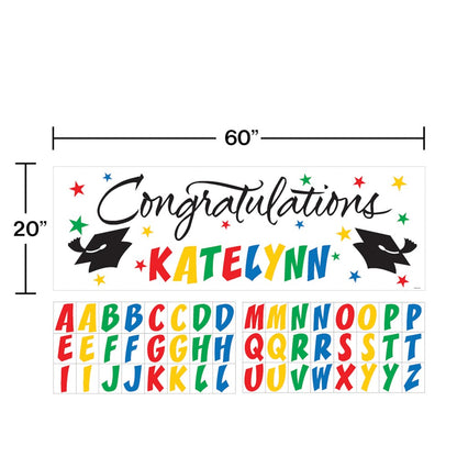 Colorful giant graduation banner with "Congratulations" in black script, multicolor letters for personalized name, decorated