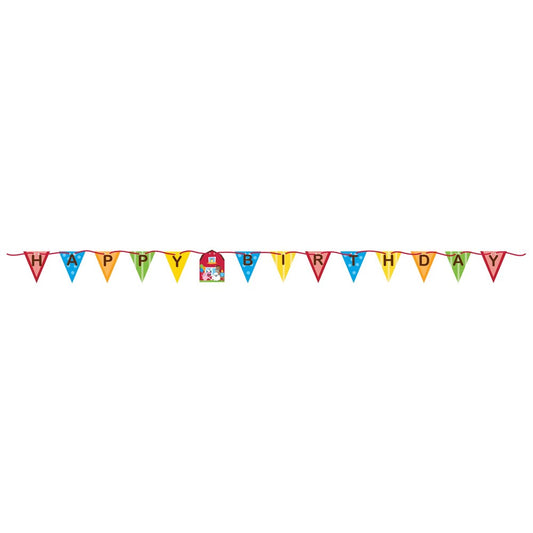 Colorful triangular banner flags spelling "Happy Birthday" with farm-themed designs on string.