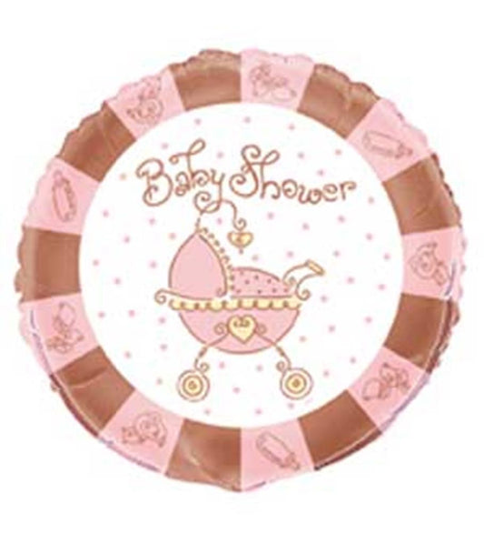 Round foil balloon in pink and rose gold with baby stroller and "Baby Shower" text design.