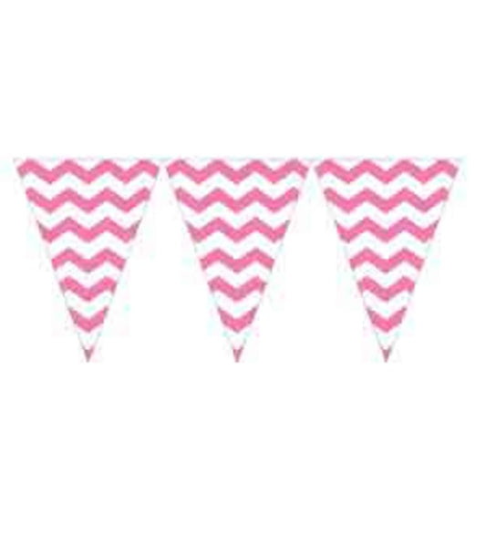 Candy pink fabric pennant flags with white chevron stripes, 9ft banner length.