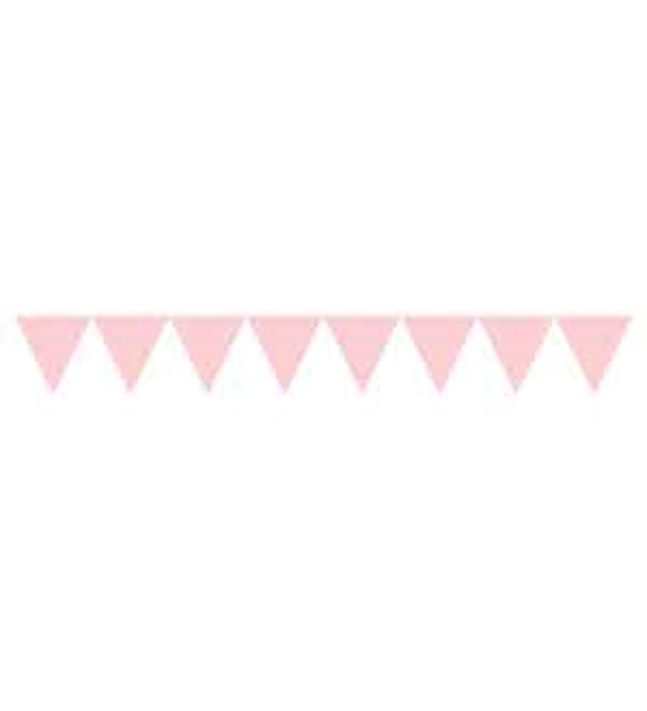 Pink paper triangular flag banner with white polka dots, strung on a white string.