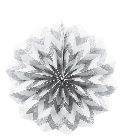 White paper fan decoration with silver glitter chevron pattern, round folded design.