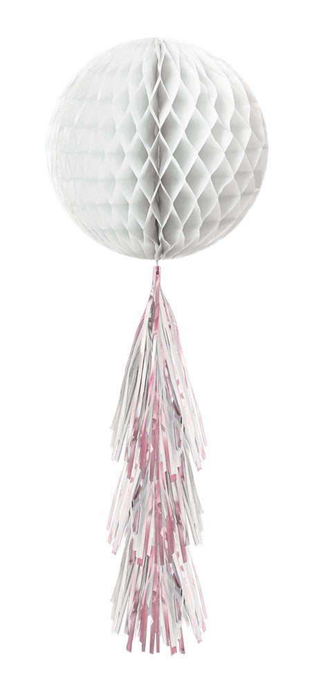 White honeycomb tissue ball with cascading white and pink tassels hanging below.