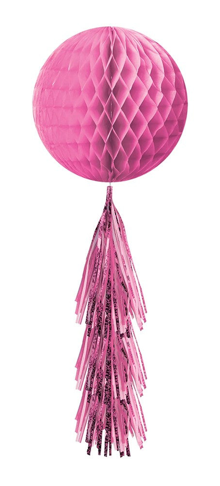 Bright pink honeycomb tissue paper ball with layered tassel tail decoration.