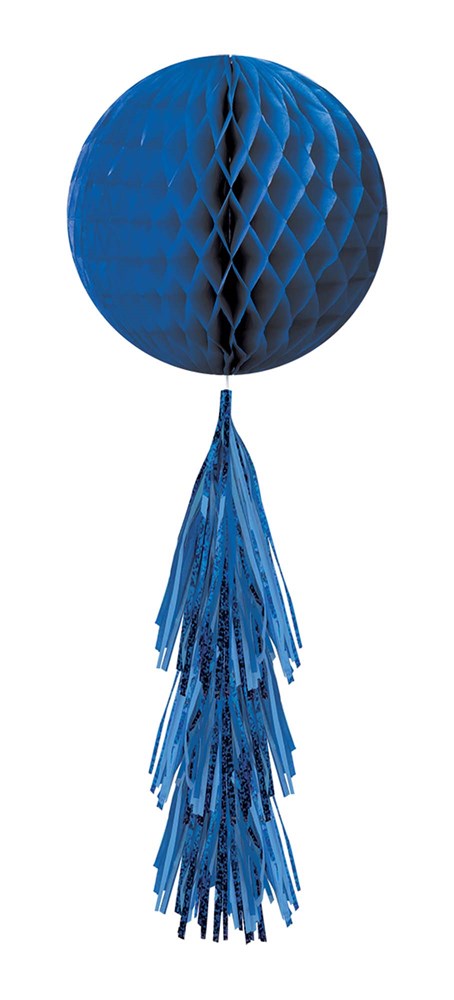 Bright royal blue tissue paper tassel ball with honeycomb design and trailing tassels.