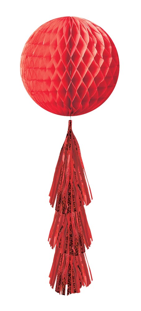 Apple red honeycomb tissue ball with layered tassel hanging decoration.