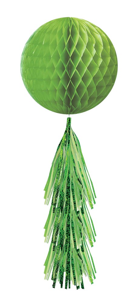 Kiwi green honeycomb tissue ball with matching tassel hanging decoration.