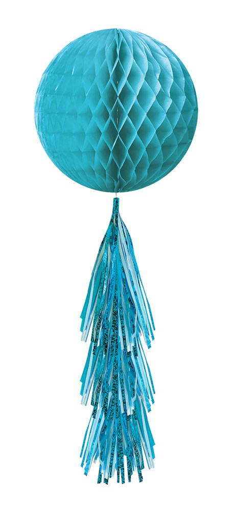 Caribbean blue honeycomb tissue ball with layered tassel hanging decoration.