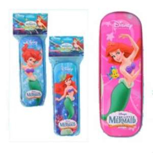 Pink and blue rectangular pencil pouches featuring Ariel the Mermaid with green tail and starfish accents, Disney-themed.