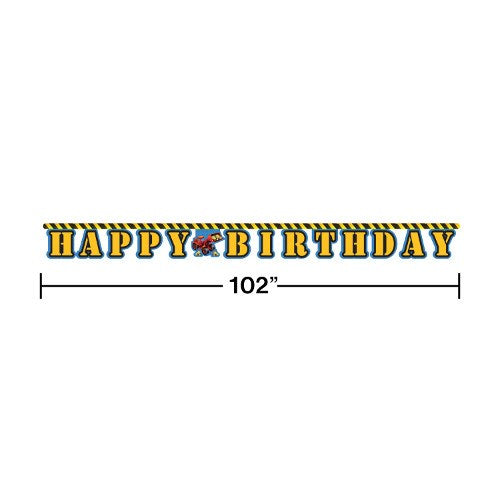 Yellow and black striped "Happy Birthday" banner with construction icons after 10 ft length.